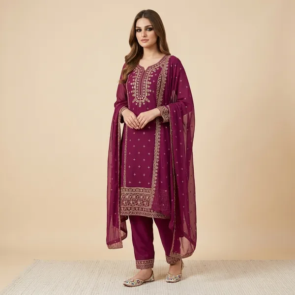 Festival_Special_Designer_Heavy_Embroidery_Sequence_Work_Top_Pant_With_Dupatta_Set_Dark_Pink