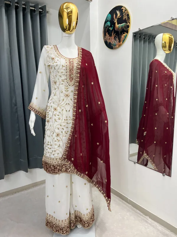 Ivory_Maroon_Embroidery_Sequin_Georgette_Kurta_Palazzo_Set_With_Dupatta
