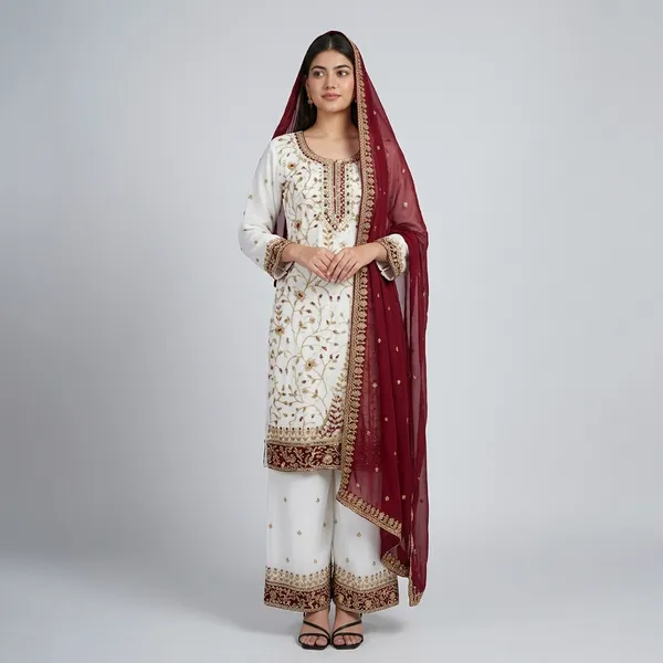 Ivory_Maroon_Embroidery_Sequin_Georgette_Kurta_Palazzo_Set_With_Dupatta