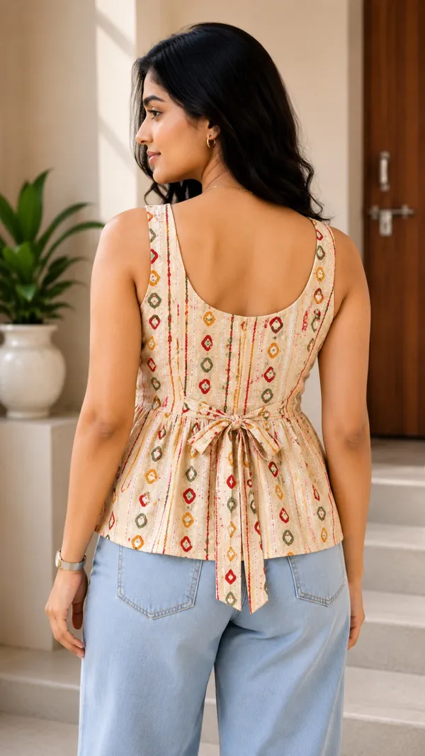 Elegant_Cream_Bandhej_Print_Peplum_Short_Top_with_Back_Tie-Belt
