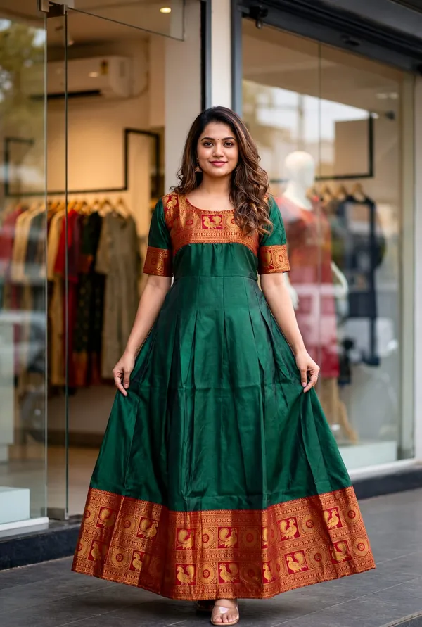 Kalyani_Series_Bottle_Green_Lichi_Silk_Jacquard_Traditional_Anarkali_Gown_for_Women_with_Dori_Belt