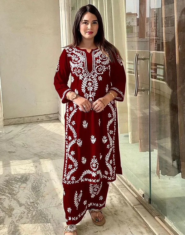 Super_Fashion_Crimson_Red_Lucknowi_Embroidered_Rayon_Kurta_Palazzo_Set_(M627F)