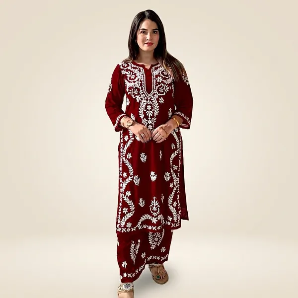 Super_Fashion_Crimson_Red_Lucknowi_Embroidered_Rayon_Kurta_Palazzo_Set_(M627F)