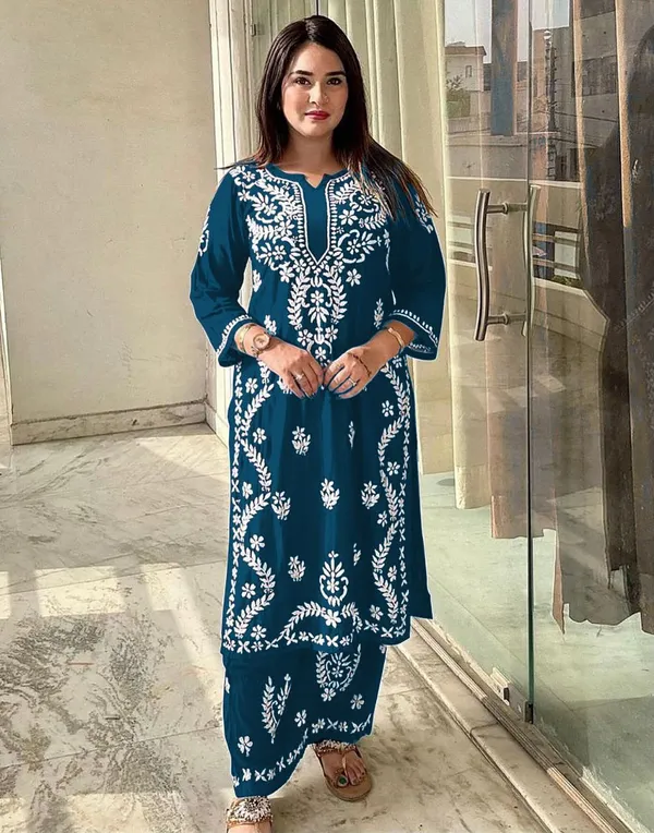 Super_Fashion_Teal_Blue_Lucknowi_Embroidered_Rayon_Kurta_Palazzo_Set_(M627F)
