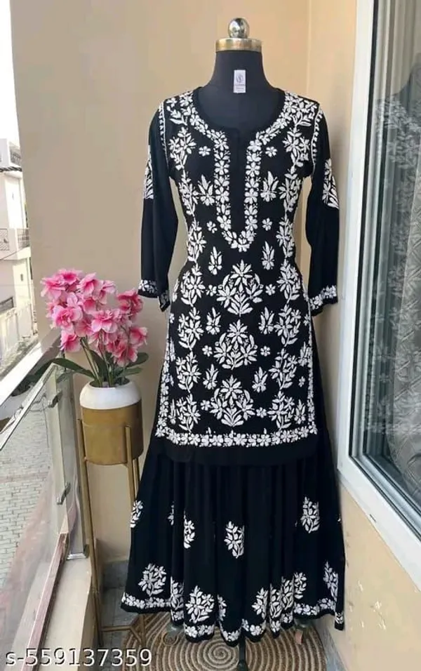 Black_Chikankari_Embroidery_Kurti_With_Sharara_Palazzo_Set_|_Heavy_Rayon_Cotton_Silk
