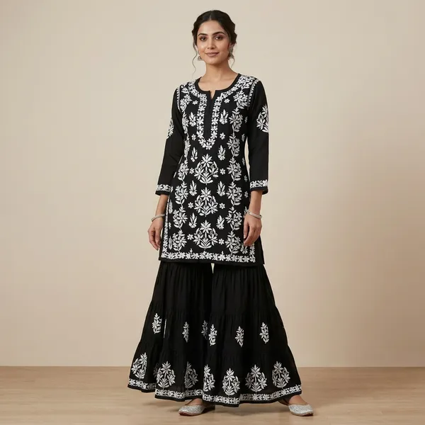 Black_Chikankari_Embroidery_Kurti_With_Sharara_Palazzo_Set_|_Heavy_Rayon_Cotton_Silk