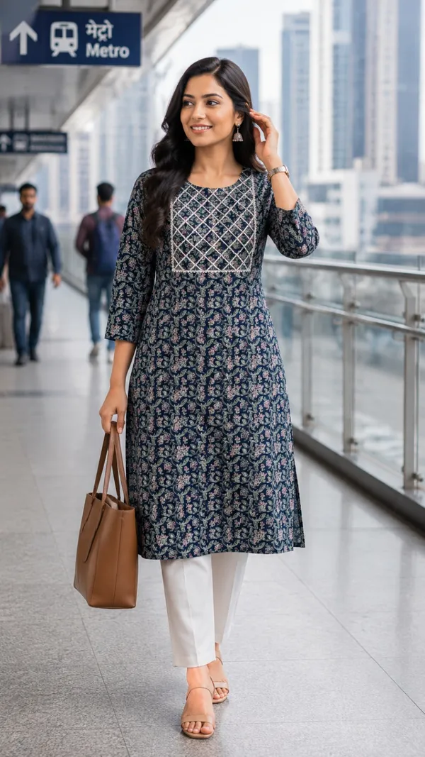 Women’s_Premium_Cotton_Navy_Blue_Floral_Kurti__Elegant_Embroidered_Yoke_Office_&_Daily_Wear
