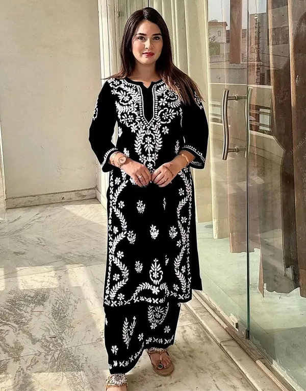 Super_Fashion_Black_Lucknowi_Embroidered_Rayon_Kurta_Palazzo_Set_(M627F)