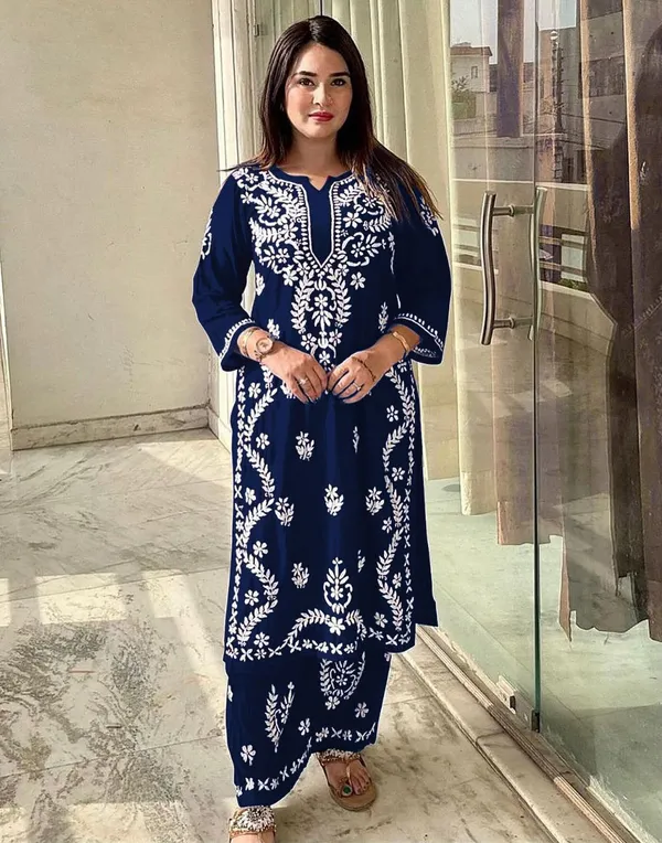 Super_Fashion_Royal_Navy_Lucknowi_Embroidered_Rayon_Kurta_Palazzo_Set_(M627F)