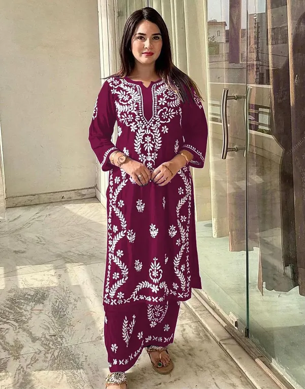 Super_Fashion_Violet_Purple_Lucknowi_Embroidered_Rayon_Kurta_Palazzo_Set_(M627F)