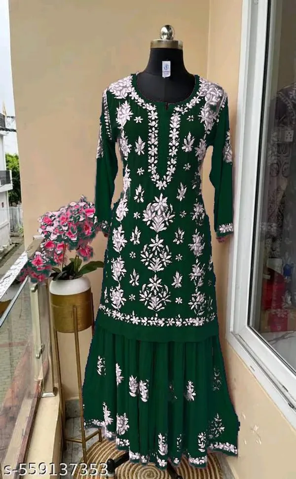 Dark_Green_Chikankari_Embroidery_Kurti_With_Sharara_Palazzo_Set_|_Heavy_Rayon_Cotton_Silk