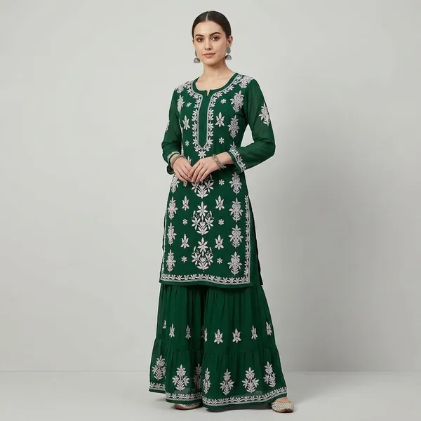 Dark_Green_Chikankari_Embroidery_Kurti_With_Sharara_Palazzo_Set_|_Heavy_Rayon_Cotton_Silk