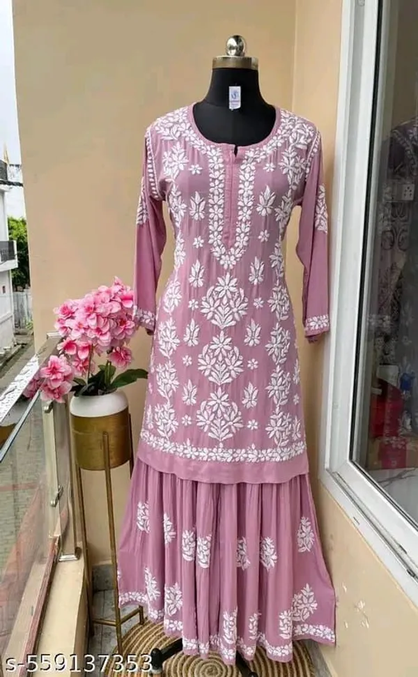 Blush_Pink_Chikankari_Embroidery_Kurti_With_Sharara_Palazzo_Set_|_Heavy_Rayon_Cotton_Silk