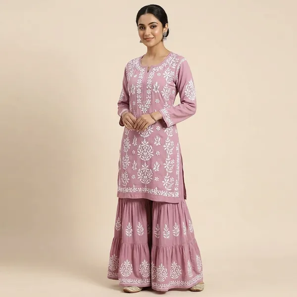 Blush_Pink_Chikankari_Embroidery_Kurti_With_Sharara_Palazzo_Set_|_Heavy_Rayon_Cotton_Silk
