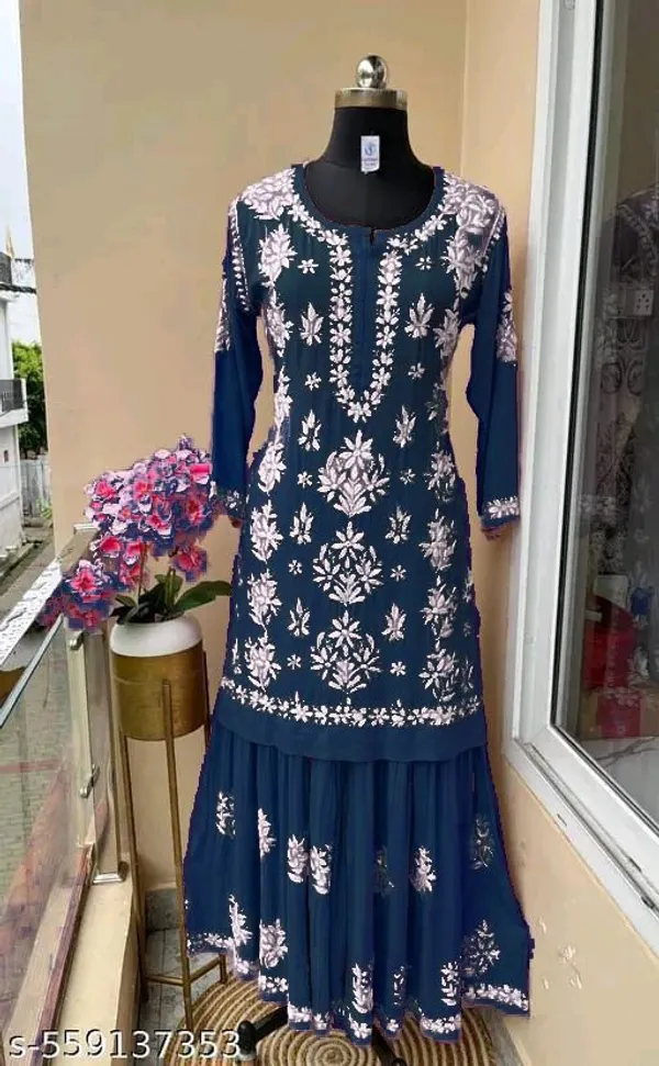 Dark_Blue_Chikankari_Embroidery_Kurti_With_Sharara_Palazzo_Set_|_Heavy_Rayon_Cotton_Silk