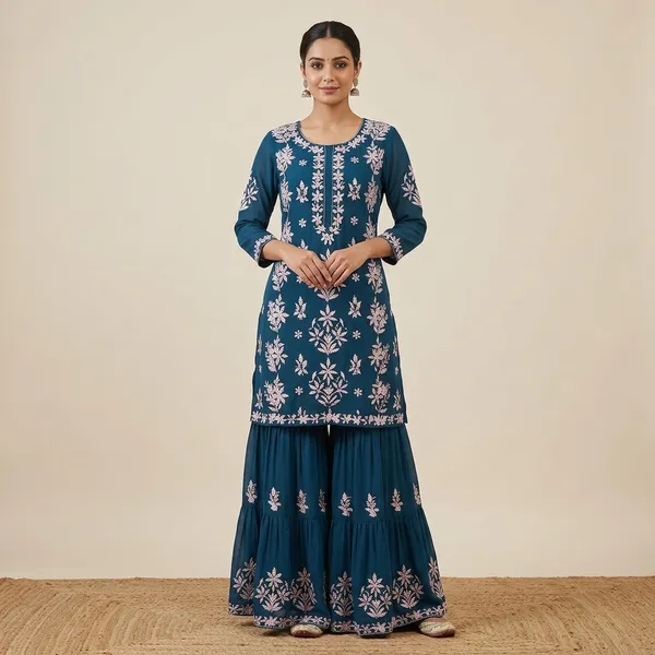 Dark_Blue_Chikankari_Embroidery_Kurti_With_Sharara_Palazzo_Set_|_Heavy_Rayon_Cotton_Silk