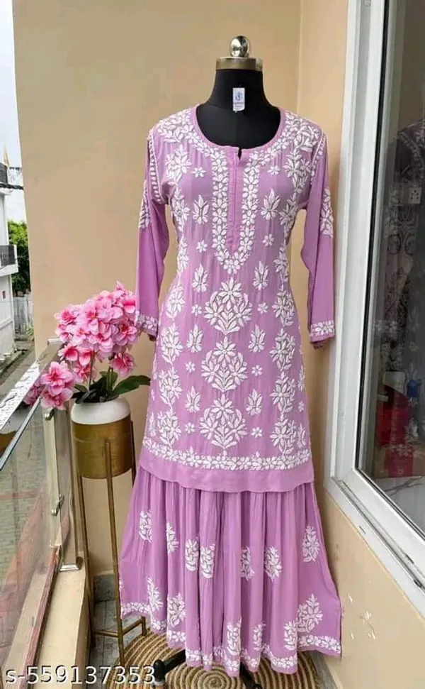 Lavender_Chikankari_Embroidery_Kurti_With_Sharara_Palazzo_Set_|_Heavy_Rayon_Cotton_Silk