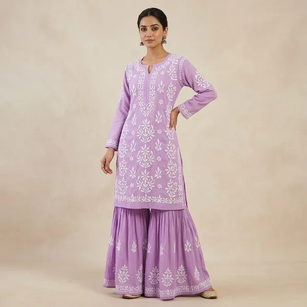 Lavender_Chikankari_Embroidery_Kurti_With_Sharara_Palazzo_Set_|_Heavy_Rayon_Cotton_Silk