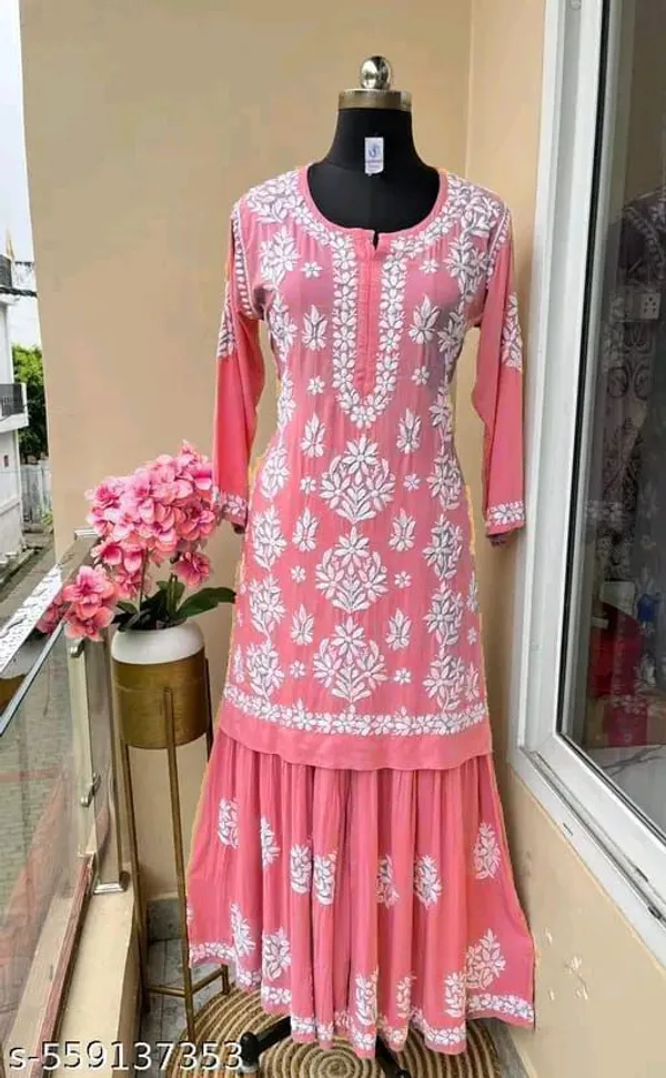 Pink_Chikankari_Embroidery_Kurti_With_Sharara_Palazzo_Set_|_Heavy_Rayon_Cotton_Silk