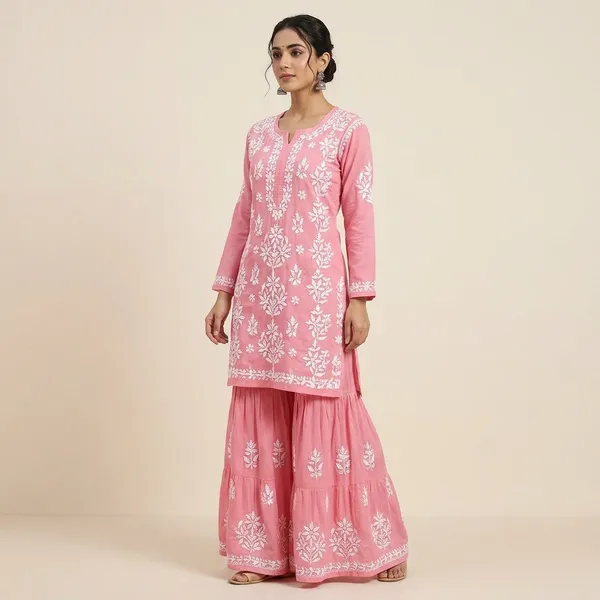 Pink_Chikankari_Embroidery_Kurti_With_Sharara_Palazzo_Set_|_Heavy_Rayon_Cotton_Silk