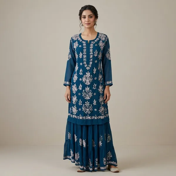 Royal_Blue_Chikankari_Embroidery_Kurti_With_Sharara_Palazzo_Set_|_Heavy_Rayon_Cotton_Silk