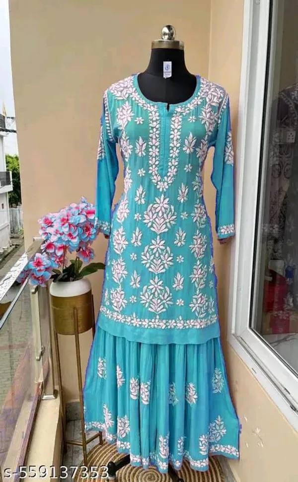 Sky_Blue_Chikankari_Embroidery_Kurti_With_Sharara_Palazzo_Set_|_Heavy_Rayon_Cotton_Silk