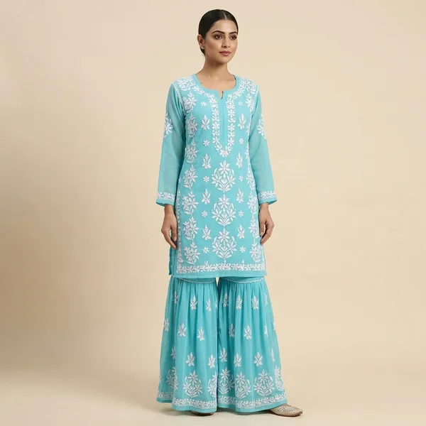 Sky_Blue_Chikankari_Embroidery_Kurti_With_Sharara_Palazzo_Set_|_Heavy_Rayon_Cotton_Silk