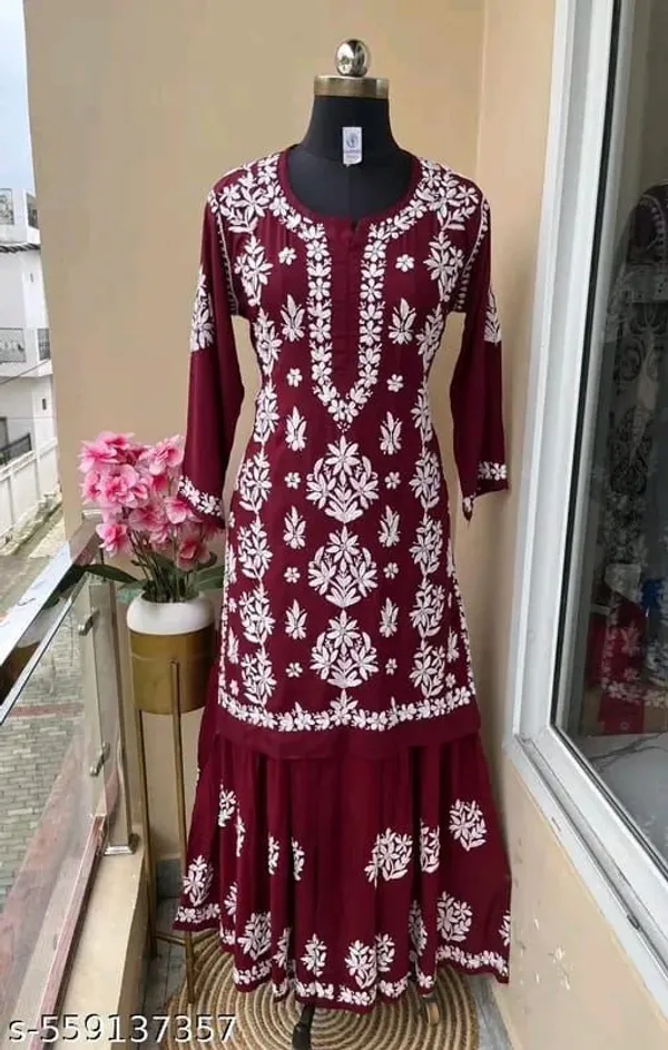 Wine_Chikankari_Embroidery_Kurti_With_Sharara_Palazzo_Set_|_Heavy_Rayon_Cotton_Silk