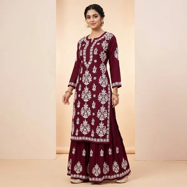 Wine_Chikankari_Embroidery_Kurti_With_Sharara_Palazzo_Set_|_Heavy_Rayon_Cotton_Silk