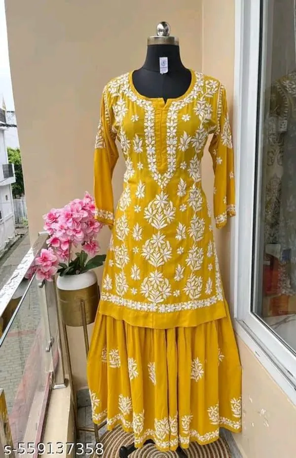 Yellow_Mustard_Chikankari_Embroidery_Kurti_With_Sharara_Palazzo_Set_|_Heavy_Rayon_Cotton_Silk
