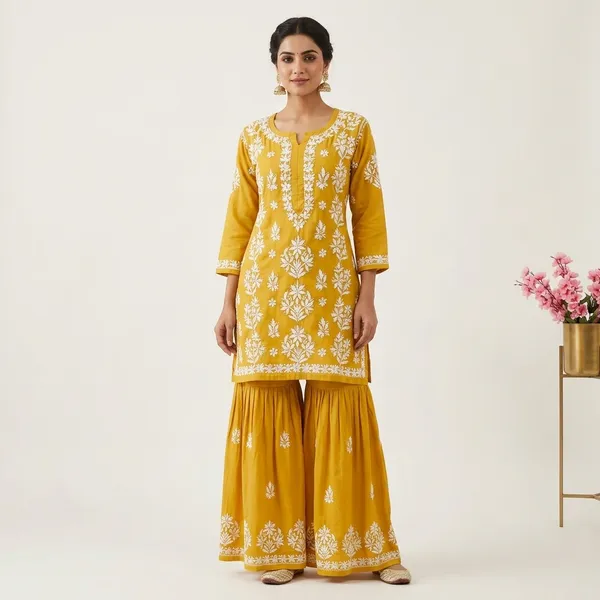 Yellow_Mustard_Chikankari_Embroidery_Kurti_With_Sharara_Palazzo_Set_|_Heavy_Rayon_Cotton_Silk