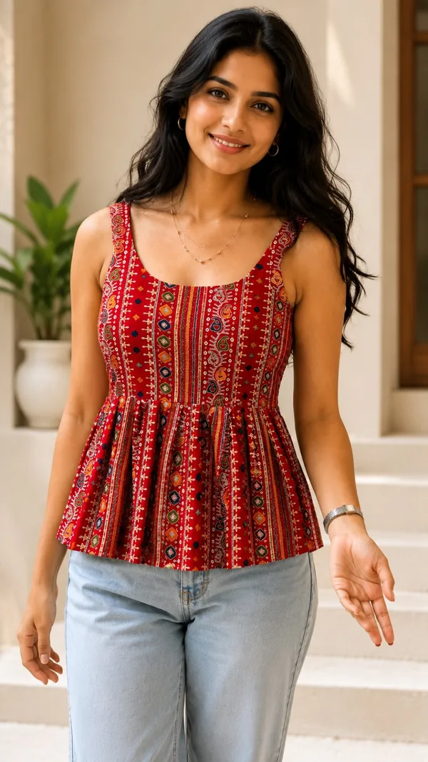 Red_Bandhani_Print_Cotton_Peplum_Top_with_Tie-Up_Strings