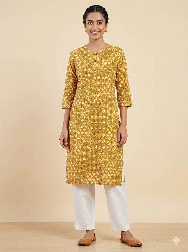 Mustard_And_Brown_Cotton_Premium_Kurti_For_Women
