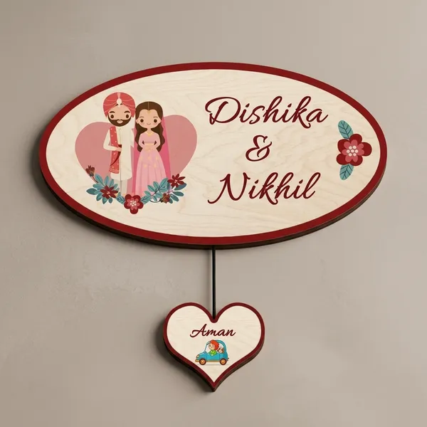 Wood_Oval_Sikh_Couple_Printed_Name_Plate_For_Family_With_1_Child