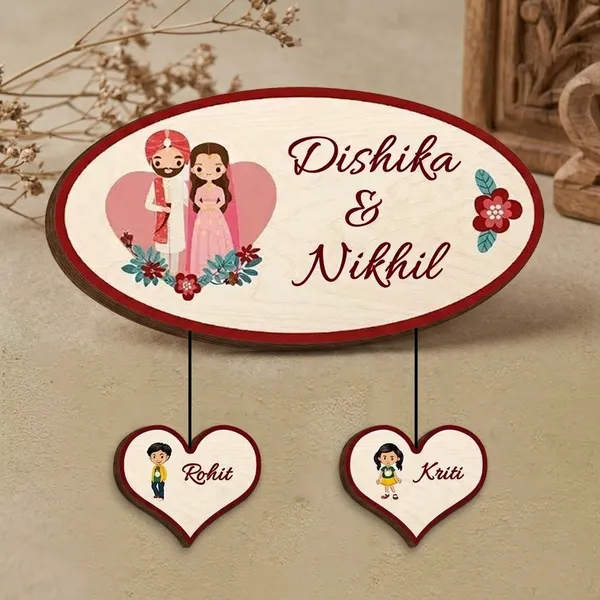 Wood_Oval_Sikh_Couple_Printed_Name_Plate_For_Family_With_2_Children