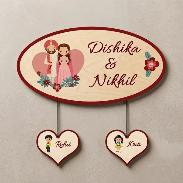 Wood_Oval_Sikh_Couple_Printed_Name_Plate_For_Family_With_2_Children