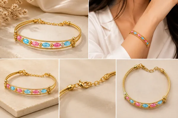 Kada_Style_Pink_And_Blue_Beads_With_Golden_Balls_Bracelet