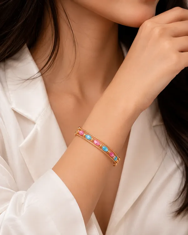 Kada_Style_Pink_And_Blue_Beads_With_Golden_Balls_Bracelet