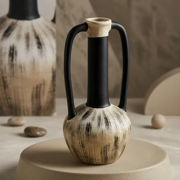 Black_And_Beige_Ceramic_Decorative_Vase_With_Dual_Handles