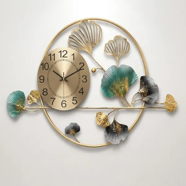 Gold_Ginkgo_Leaf_Wall_Clock_With_Decorative_Metal_Frame