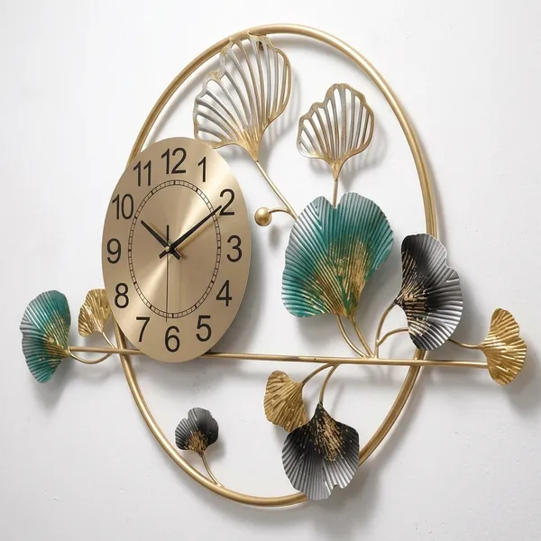 Gold_Ginkgo_Leaf_Wall_Clock_With_Decorative_Metal_Frame