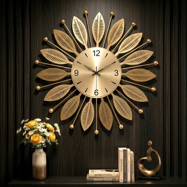 Golden_Metal_Leaf_Pattern_Wall_Clock_For_Home_Decor