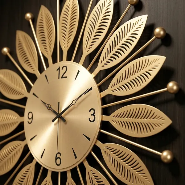 Golden_Metal_Leaf_Pattern_Wall_Clock_For_Home_Decor