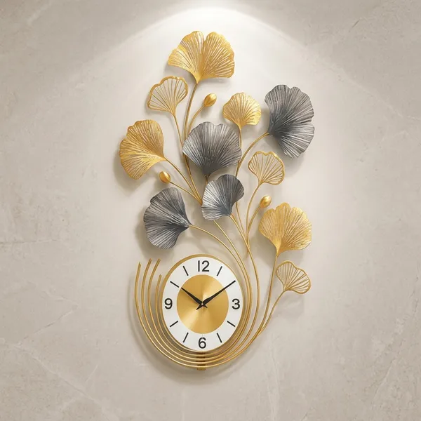 Gold_And_Silver_Metal_Ginkgo_Leaf_Wall_Clock