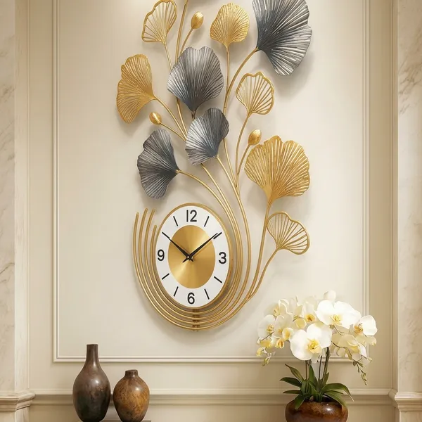 Gold_And_Silver_Metal_Ginkgo_Leaf_Wall_Clock