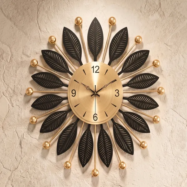 Golden_Black_Leaf_Design_Wall_Clock_For_Home_Decor