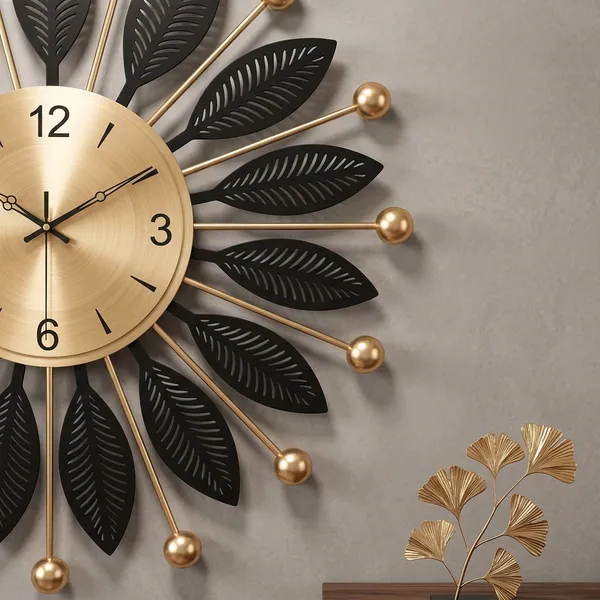 Golden_Black_Leaf_Design_Wall_Clock_For_Home_Decor