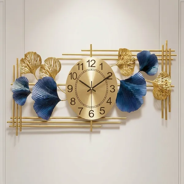 Luxury_Horizontal_Ginkgo_Metal_Wall_Clock_With_Blue_And_Gold_Leaves