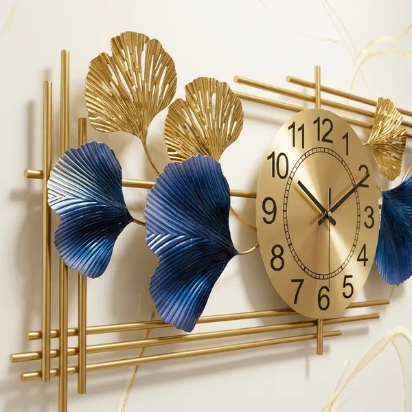 Luxury_Horizontal_Ginkgo_Metal_Wall_Clock_With_Blue_And_Gold_Leaves