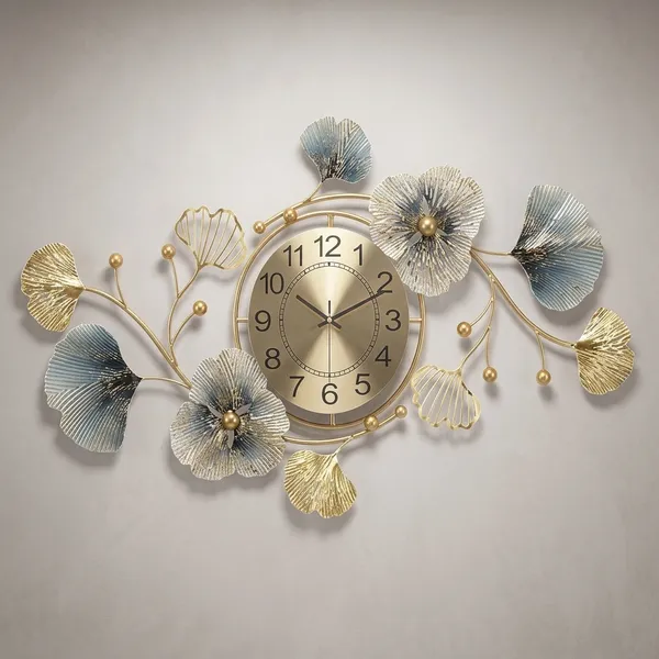 Golden_Ginkgo_Leaf_Wall_Clock_With_Floral_Metal_Decor